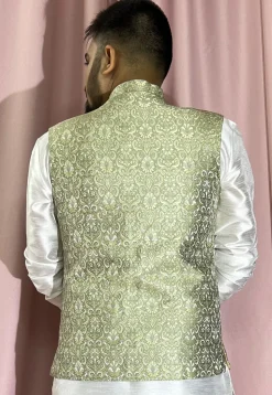 Woven Art Silk Jacquard Nehru Jacket in Pastel Green