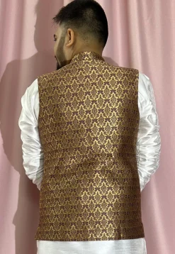 Woven Art Silk Jacquard Nehru Jacket in Purple and Golden