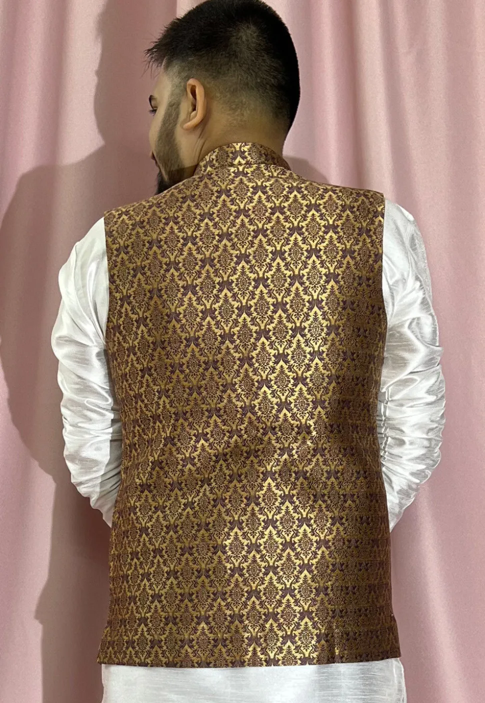 Woven Art Silk Jacquard Nehru Jacket in Purple and Golden