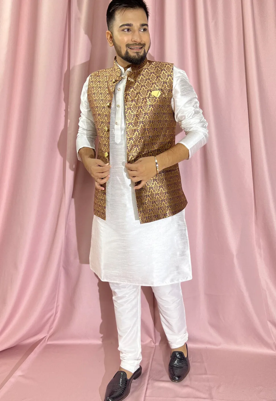 Woven Art Silk Jacquard Nehru Jacket in Purple and Golden