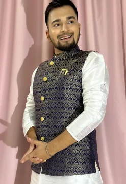 Woven Art Silk Jacquard Nehru Jacket in Navy Blue