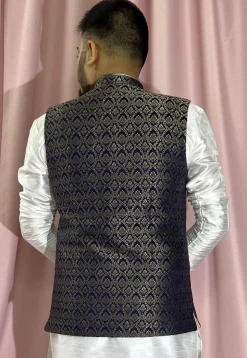 Woven Art Silk Jacquard Nehru Jacket in Navy Blue