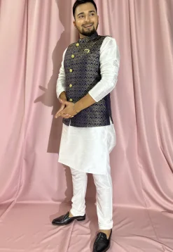 Woven Art Silk Jacquard Nehru Jacket in Navy Blue