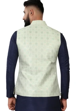 Woven Art Silk Jacquard Nehru Jacket in Light Green