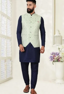Woven Art Silk Jacquard Nehru Jacket in Light Green