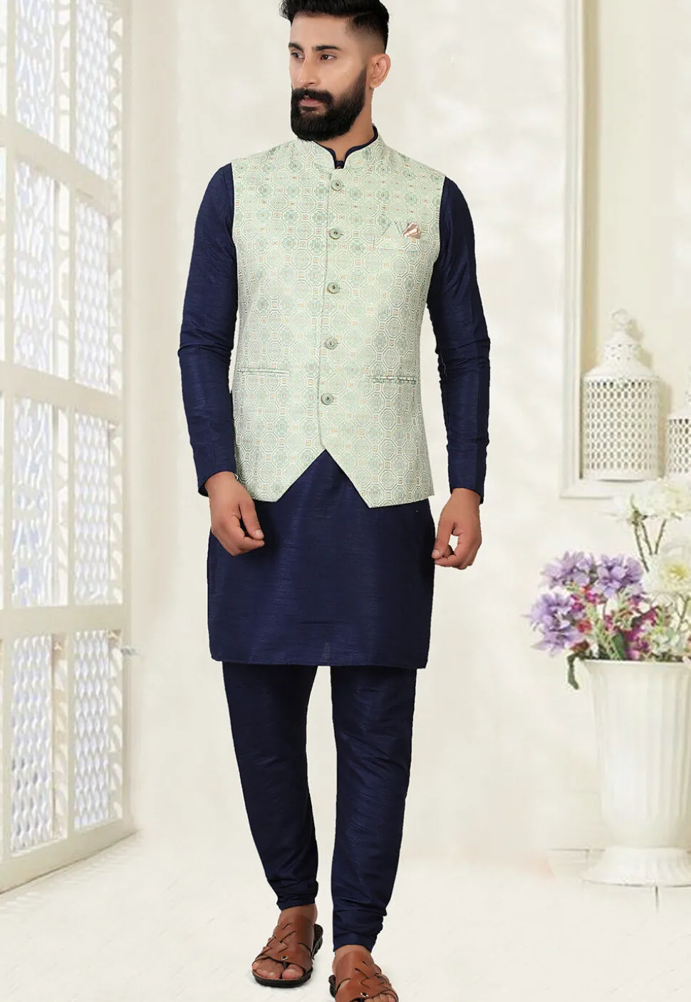 Woven Art Silk Jacquard Nehru Jacket in Light Green