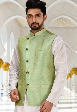 Woven Art Silk Jacquard Nehru Jacket in Pastel Green