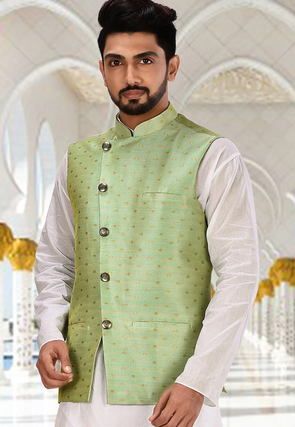 Woven Art Silk Jacquard Nehru Jacket in Pastel Green