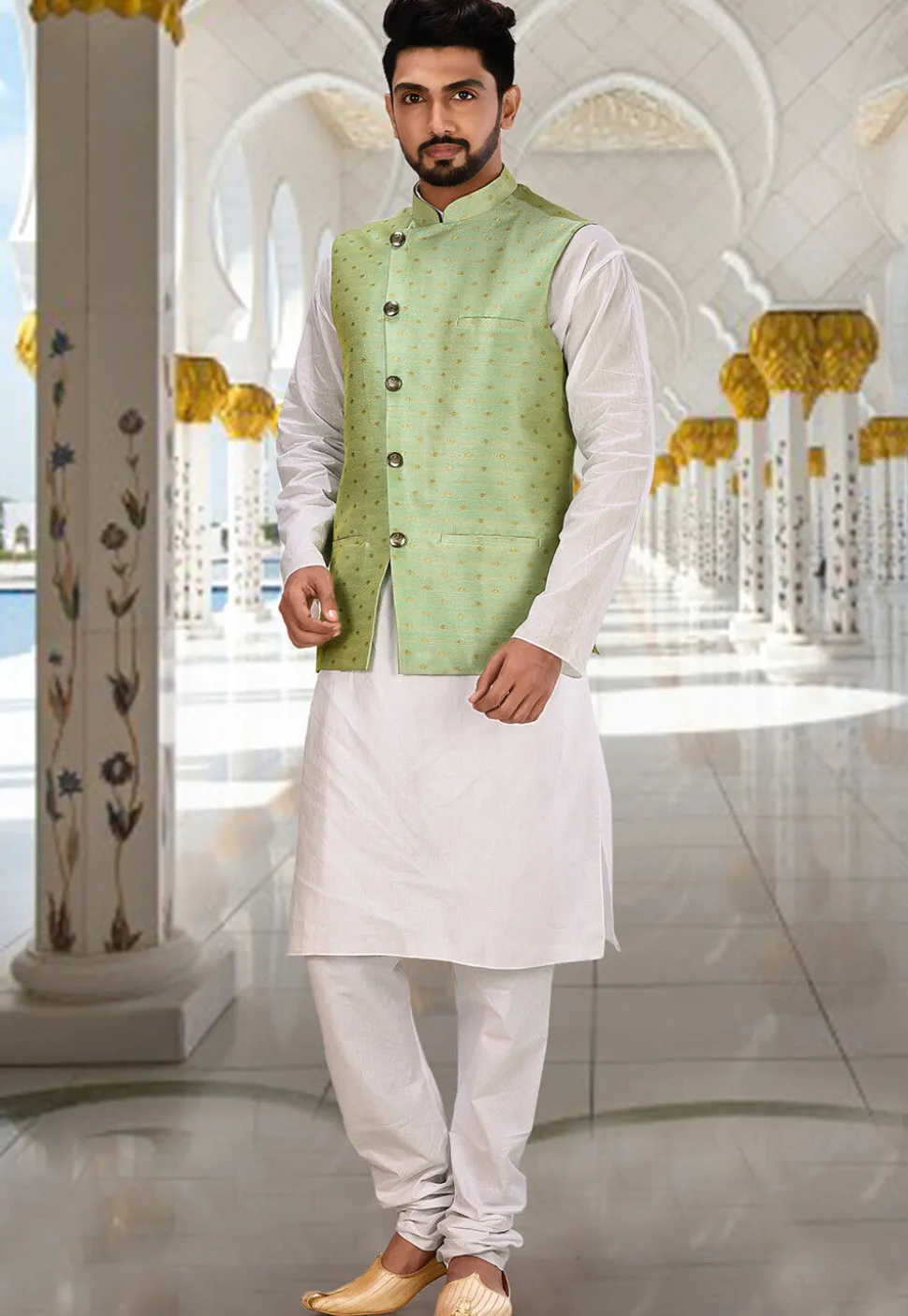 Woven Art Silk Jacquard Nehru Jacket in Pastel Green