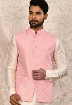 Woven Art Silk Jacquard Nehru Jacket in Pink