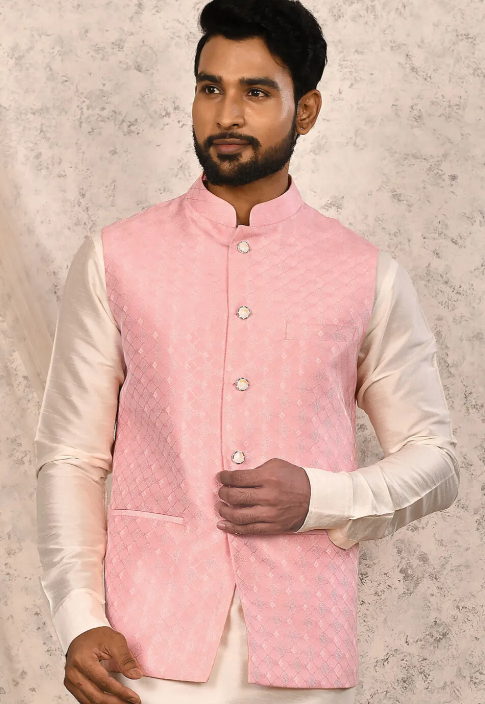 Woven Art Silk Jacquard Nehru Jacket in Pink