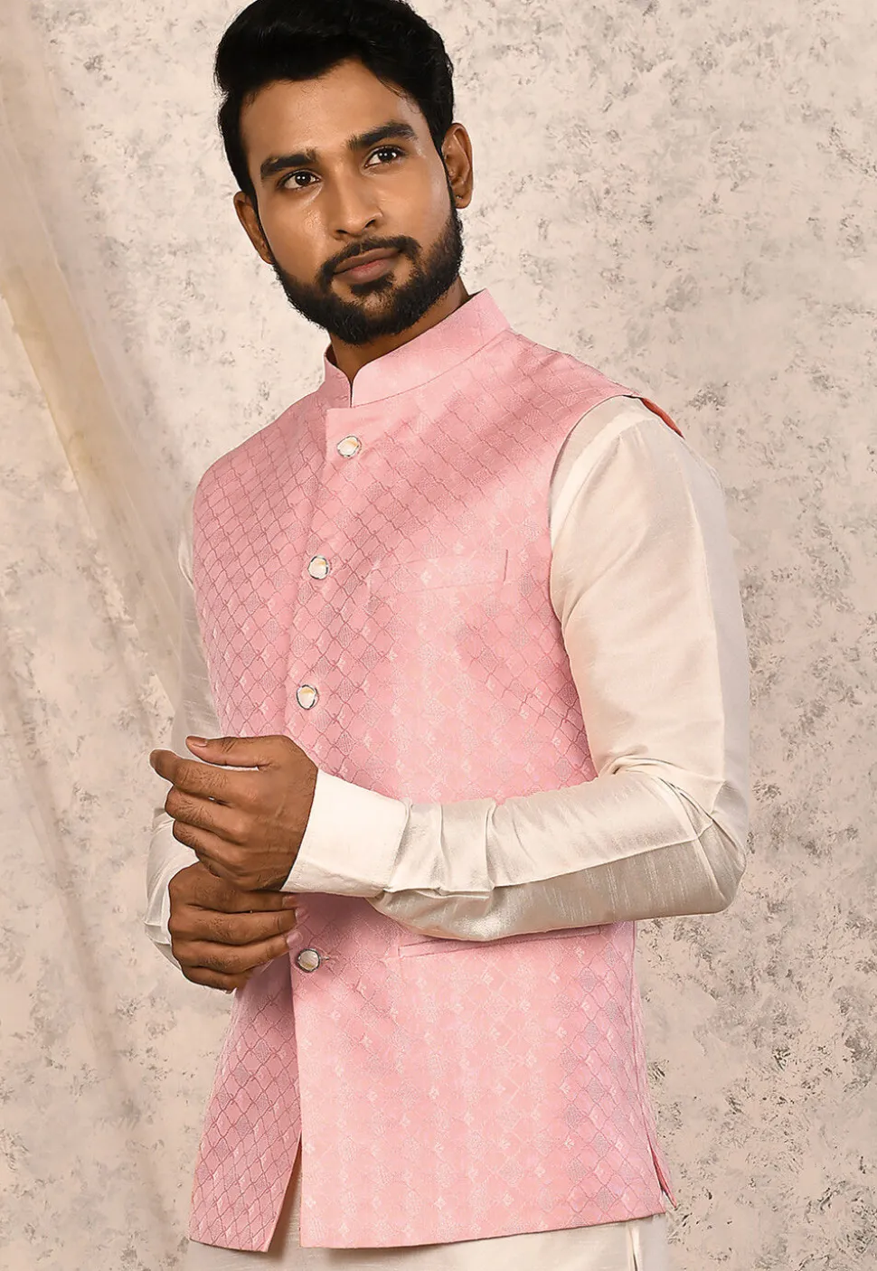 Woven Art Silk Jacquard Nehru Jacket in Pink