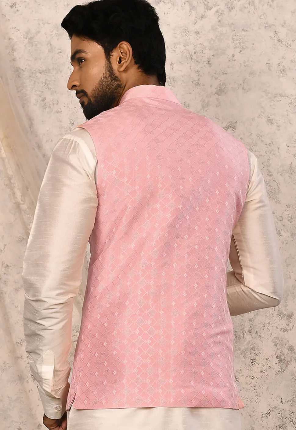 Woven Art Silk Jacquard Nehru Jacket in Pink