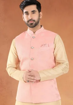 Woven Art Silk Jacquard Nehru Jacket in Pink