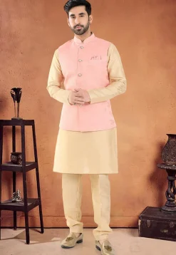 Woven Art Silk Jacquard Nehru Jacket in Pink