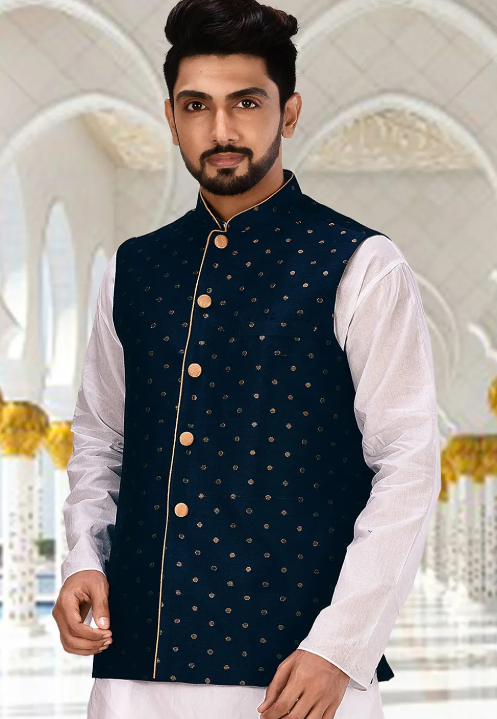 Woven Art Silk Jacquard Nehru Jacket in Navy Blue