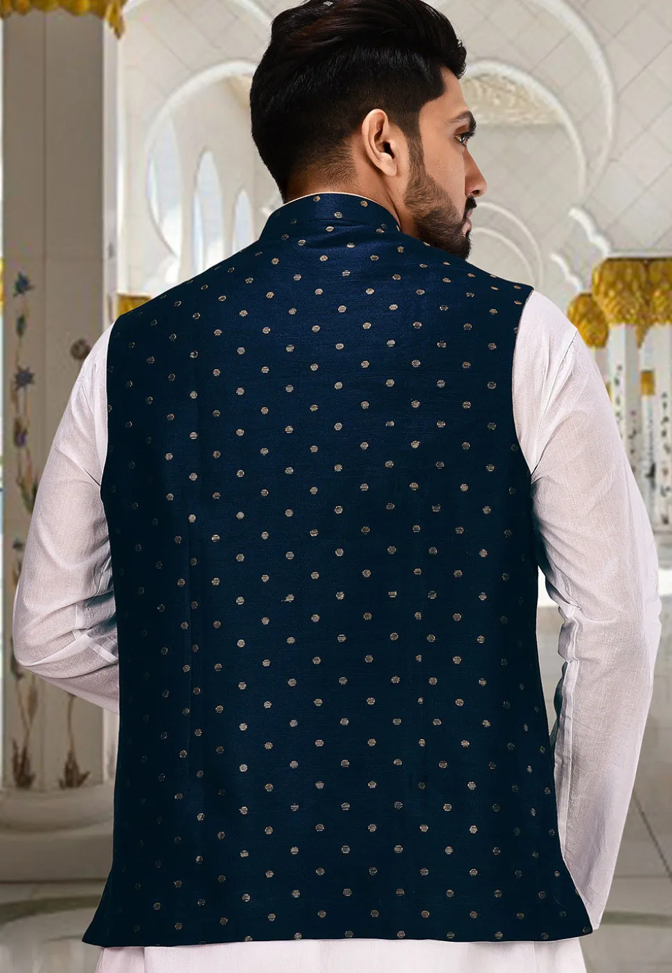 Woven Art Silk Jacquard Nehru Jacket in Navy Blue