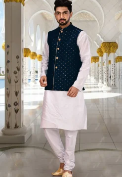 Woven Art Silk Jacquard Nehru Jacket in Navy Blue