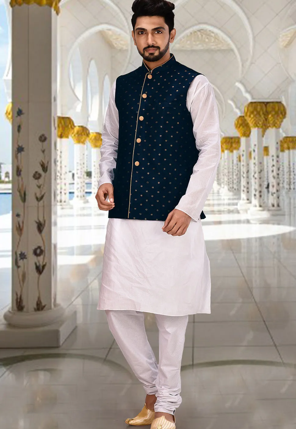 Woven Art Silk Jacquard Nehru Jacket in Navy Blue
