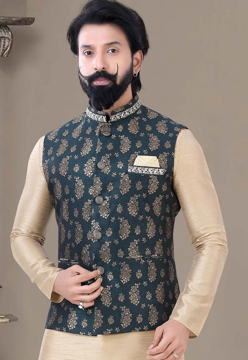 Woven Art Silk Jacquard Nehru Jacket in Navy Blue