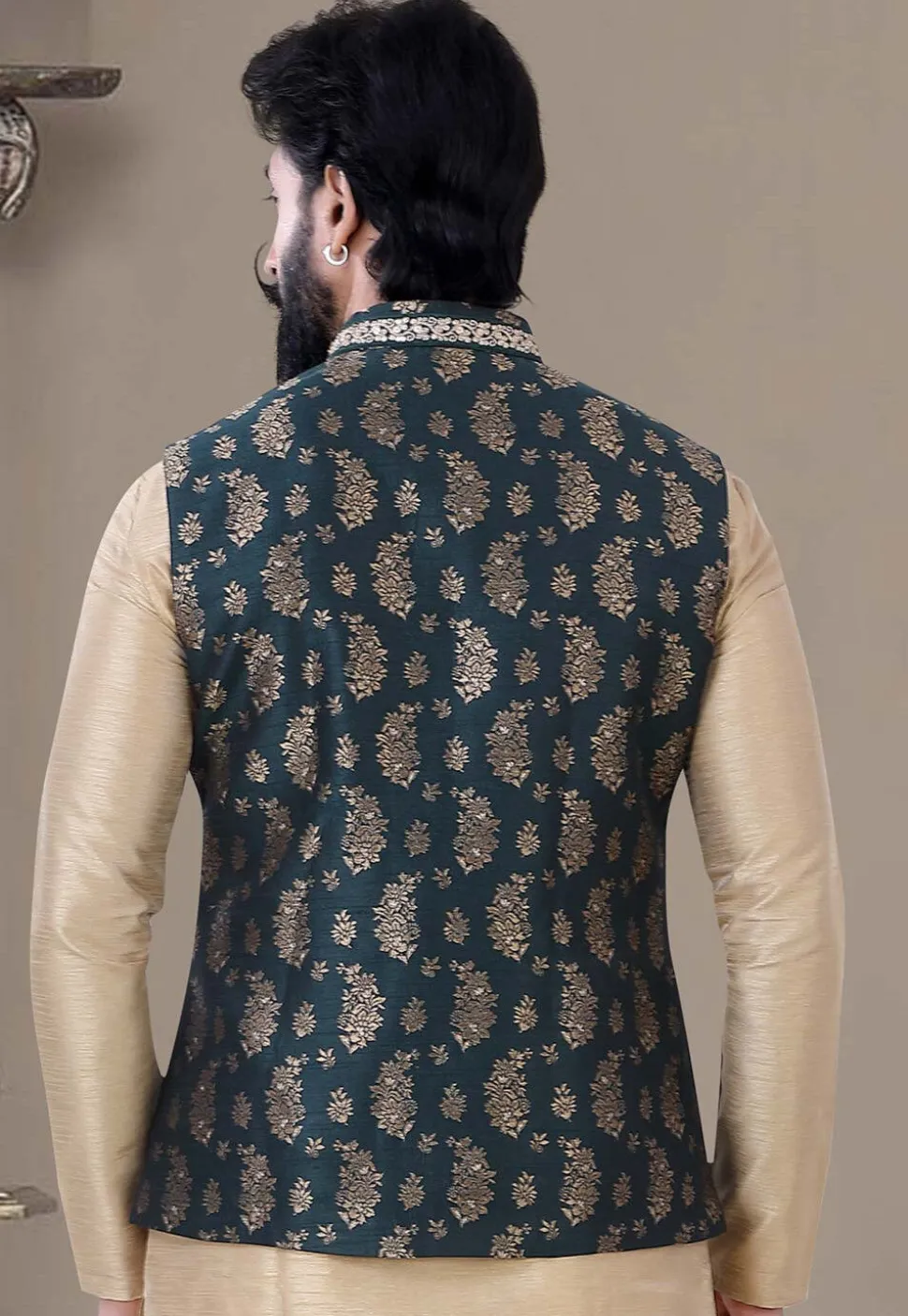 Woven Art Silk Jacquard Nehru Jacket in Navy Blue