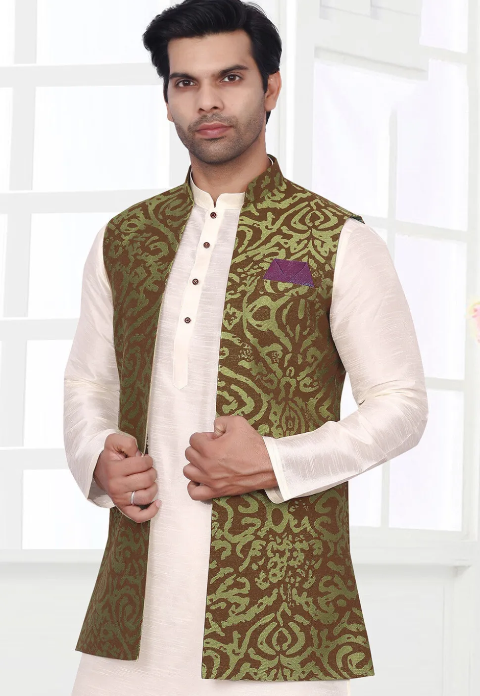 Woven Art Silk Jacquard Nehru Jacket in Green