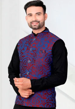Woven Art Silk Jacquard Nehru Jacket in Blue