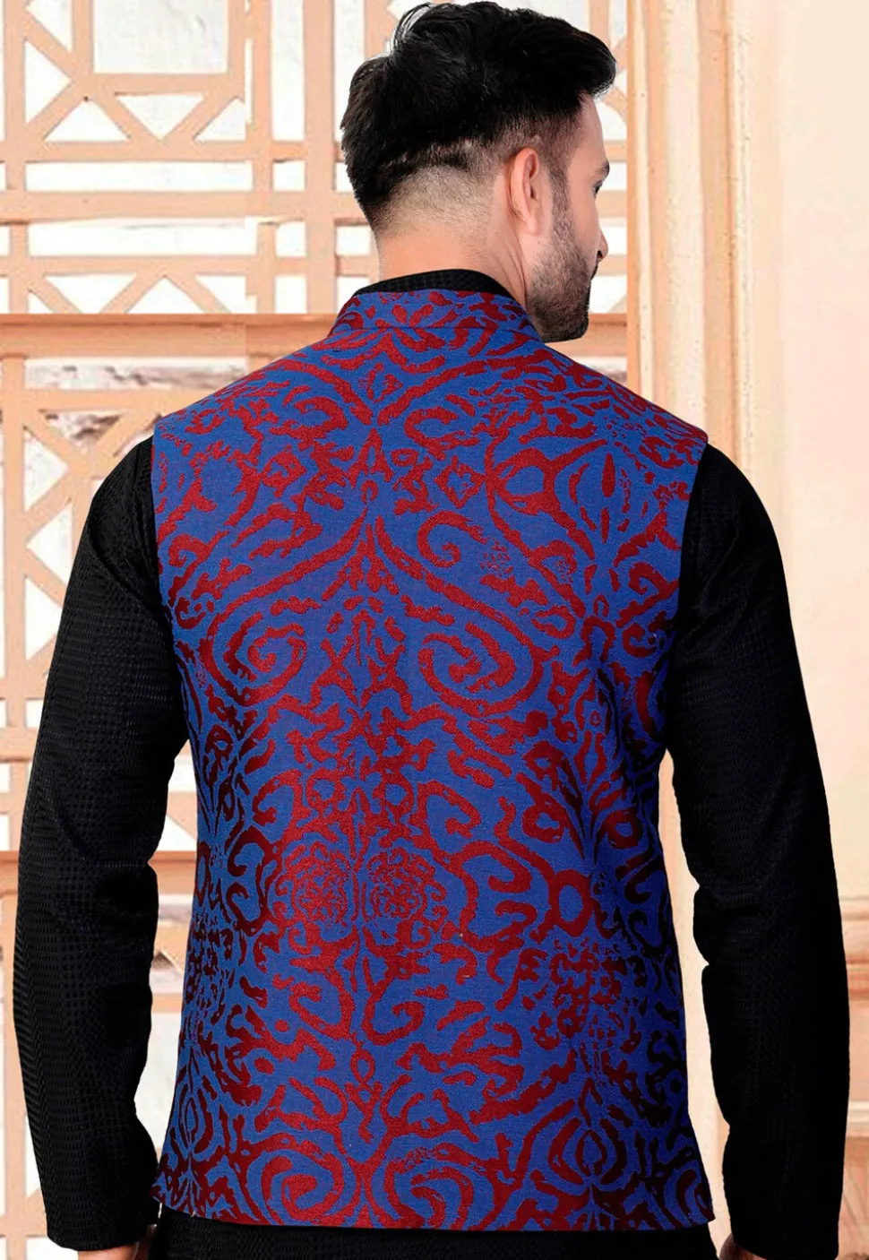 Woven Art Silk Jacquard Nehru Jacket in Blue