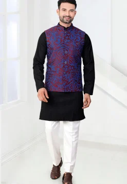 Woven Art Silk Jacquard Nehru Jacket in Blue