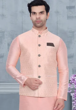 Woven Art Silk Jacquard Nehru Jacket in Peach