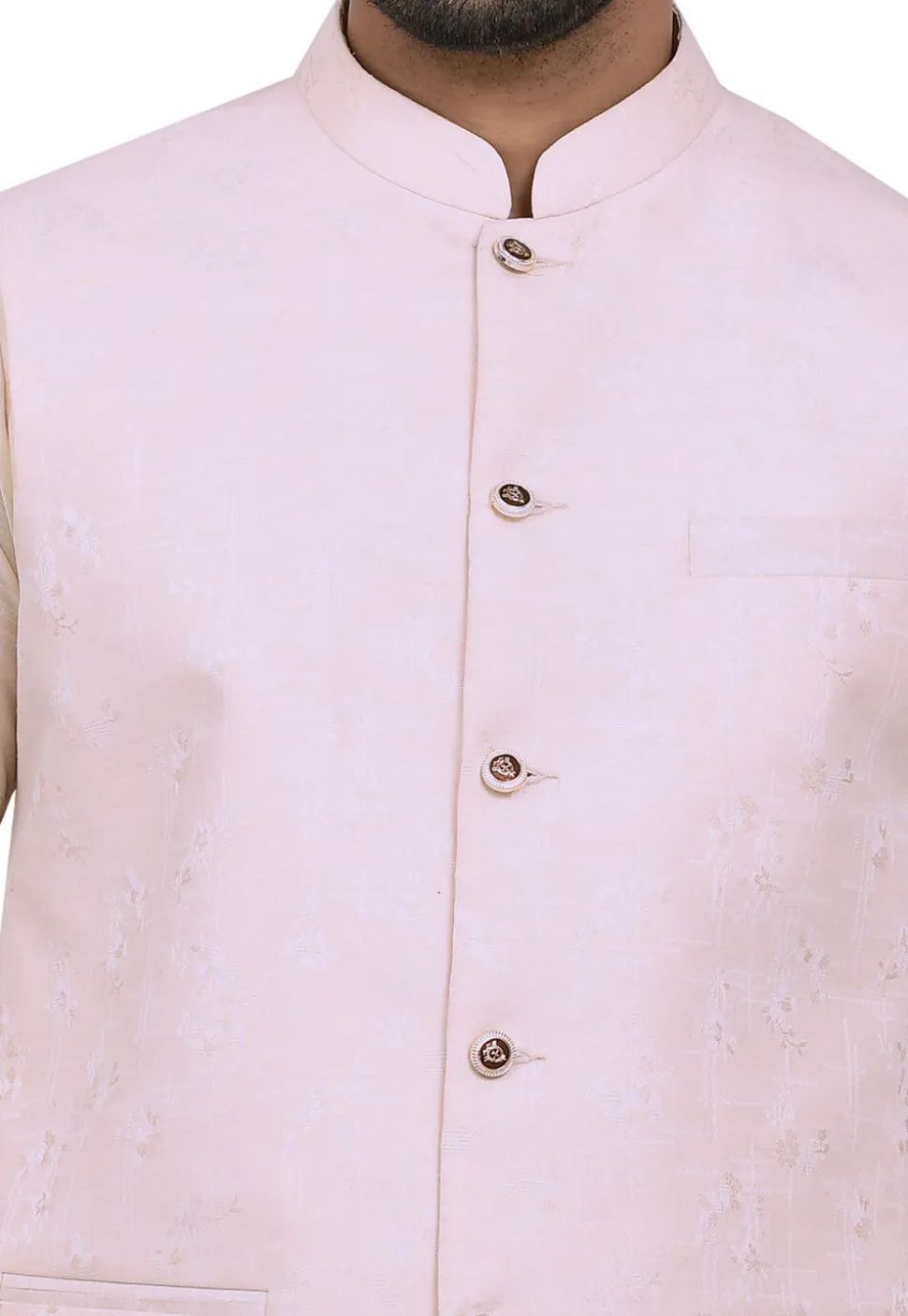 Woven Art Silk Jacquard Nehru Jacket in Light Peach