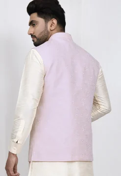 Woven Art Silk Jacquard Nehru Jacket in Light Peach