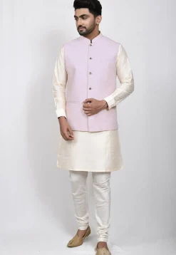 Woven Art Silk Jacquard Nehru Jacket in Light Peach