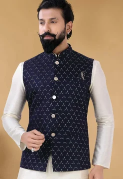Woven Art Silk Jacquard Nehru Jacket in Navy Blue