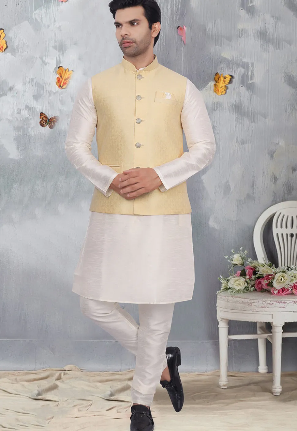 Woven Art Silk Jacquard Nehru Jacket in Light Beige