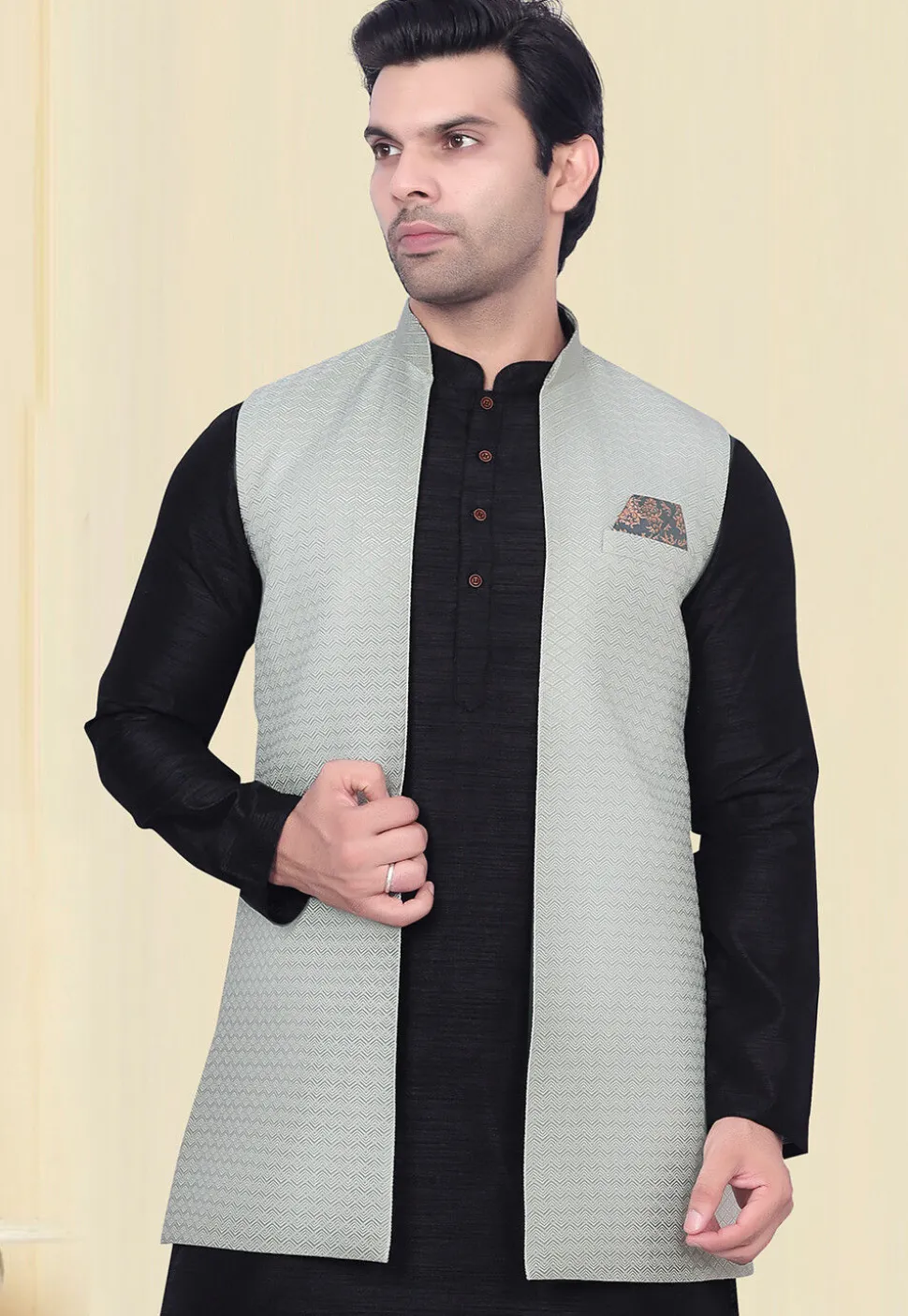 Woven Art Silk Jacquard Nehru Jacket in Sea Green