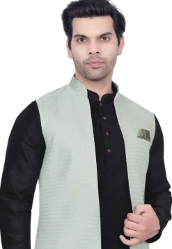 Woven Art Silk Jacquard Nehru Jacket in Sea Green