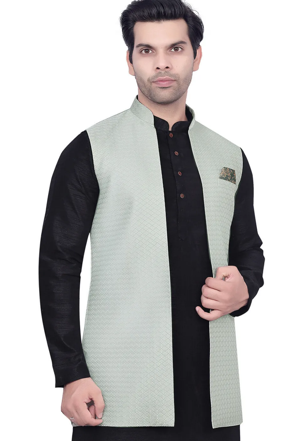 Woven Art Silk Jacquard Nehru Jacket in Sea Green