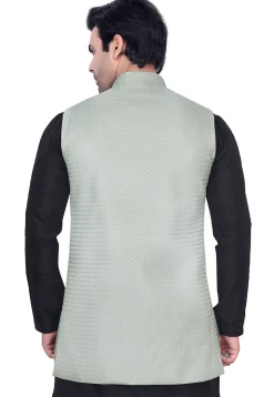 Woven Art Silk Jacquard Nehru Jacket in Sea Green
