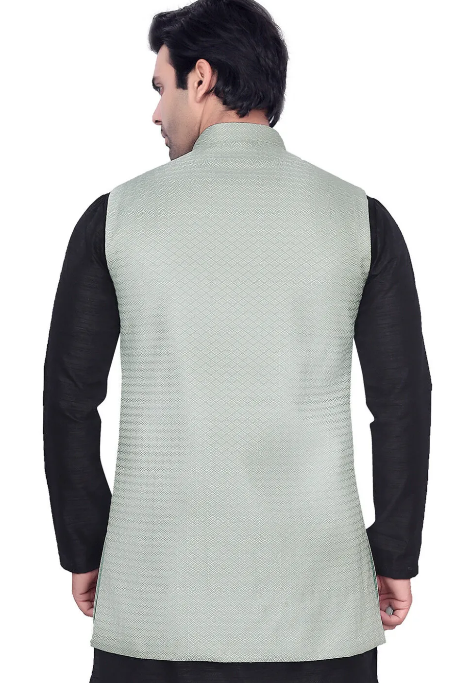 Woven Art Silk Jacquard Nehru Jacket in Sea Green