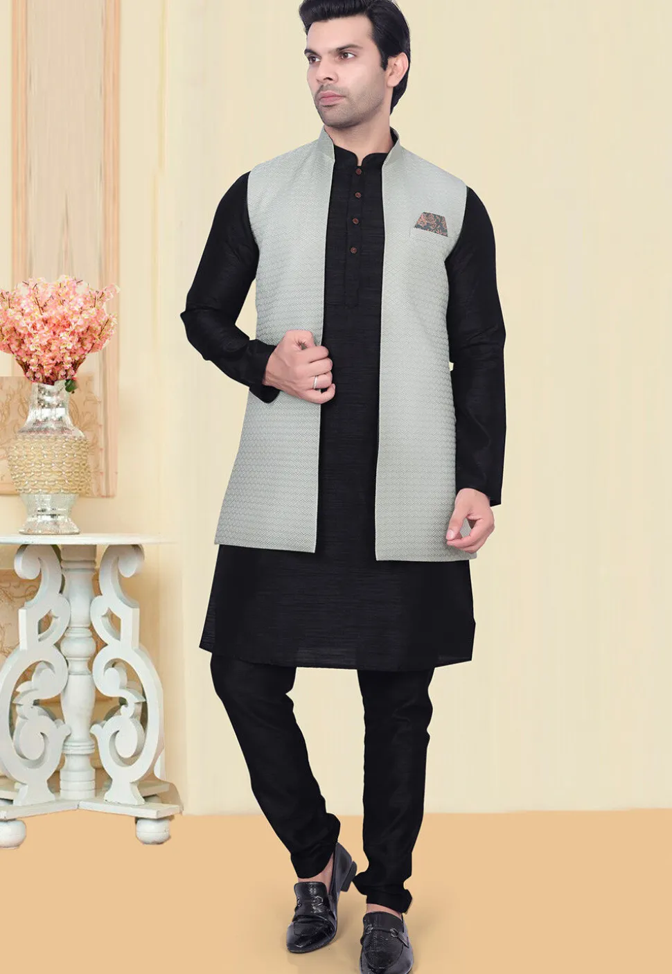 Woven Art Silk Jacquard Nehru Jacket in Sea Green