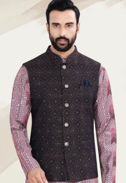 Woven Art Silk Jacquard Nehru Jacket in Navy Blue