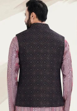 Woven Art Silk Jacquard Nehru Jacket in Navy Blue