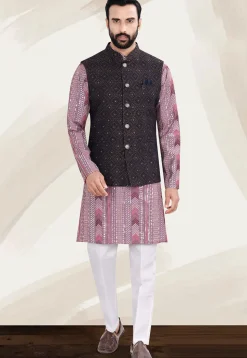 Woven Art Silk Jacquard Nehru Jacket in Navy Blue