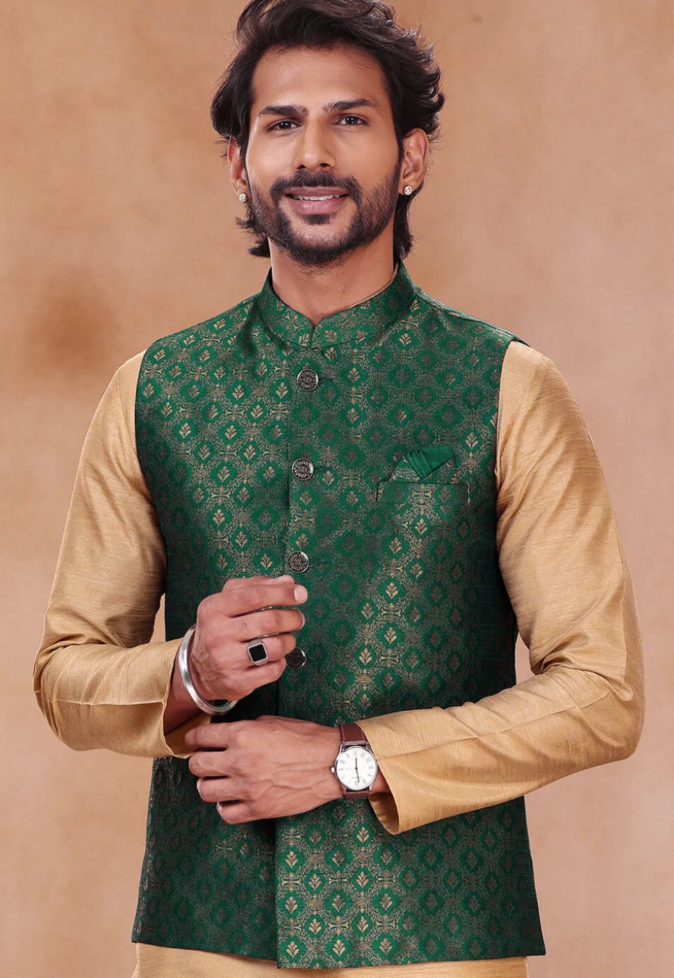 Woven Art Silk Jacquard Nehru Jacket in Teal Green