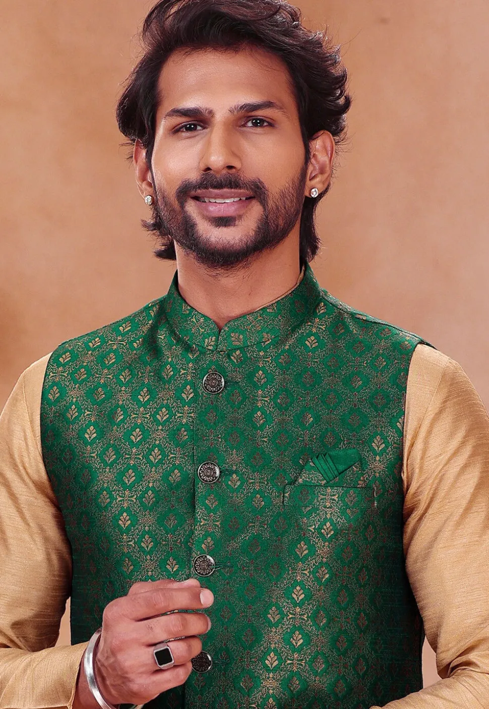 Woven Art Silk Jacquard Nehru Jacket in Teal Green