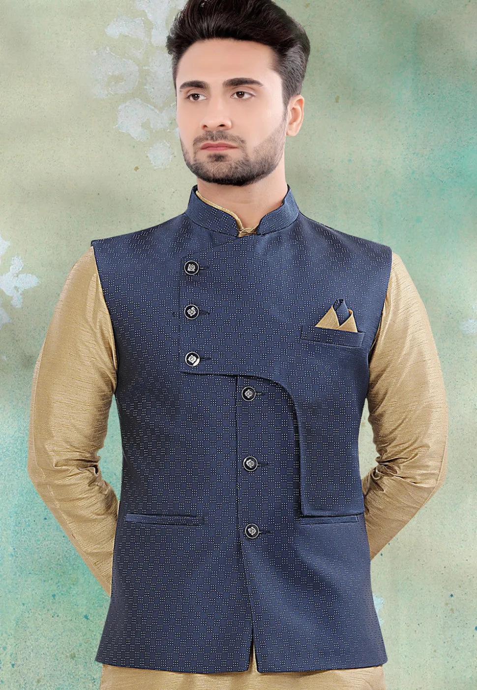 Woven Art Silk Jacquard Nehru Jacket in Navy Blue