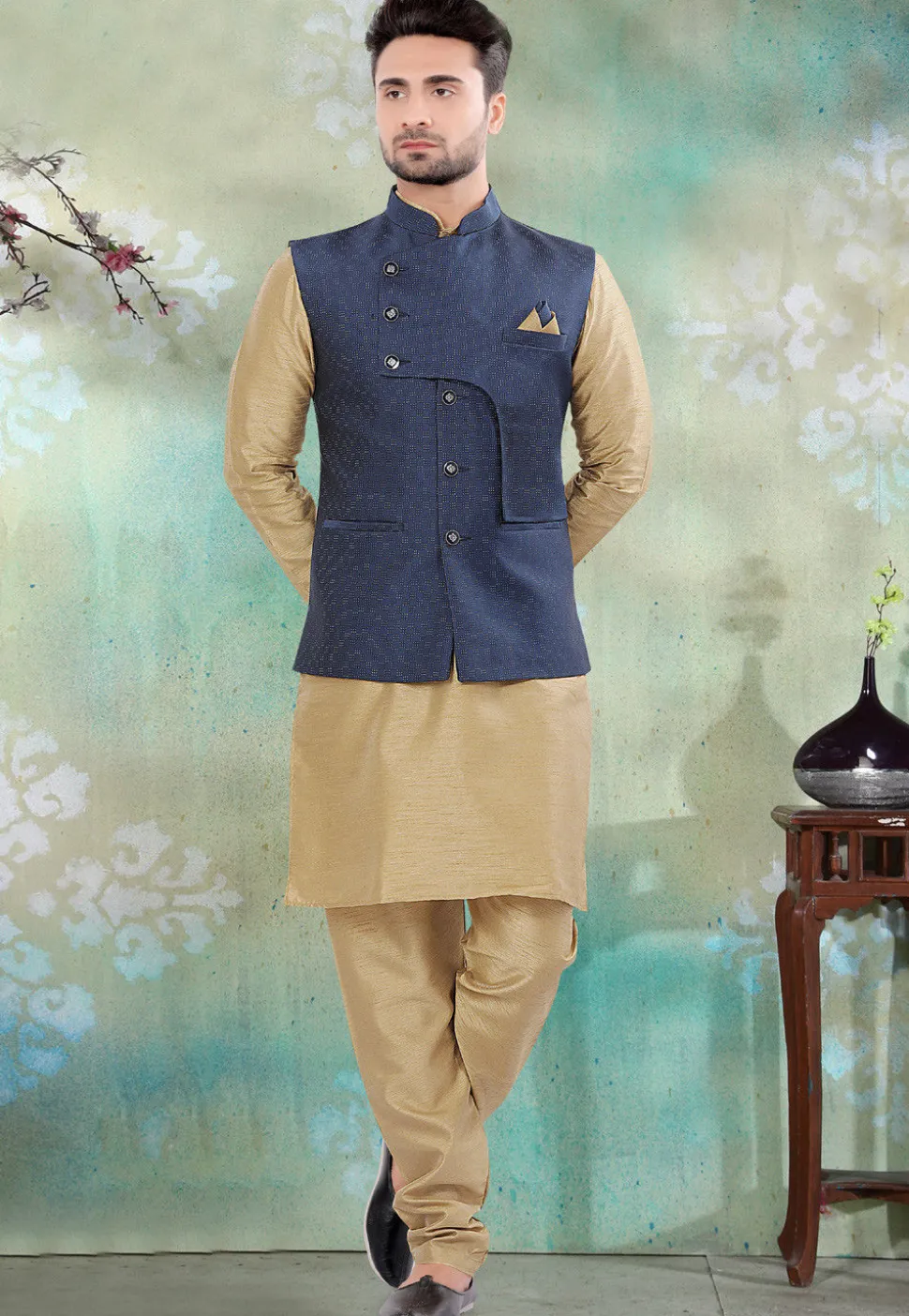 Woven Art Silk Jacquard Nehru Jacket in Navy Blue