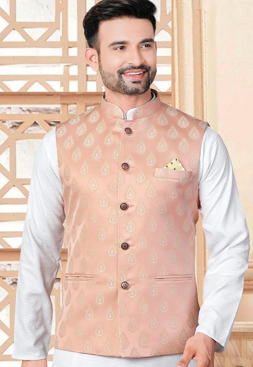 Woven Art Silk Jacquard Nehru Jacket in Peach