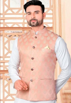 Woven Art Silk Jacquard Nehru Jacket in Peach